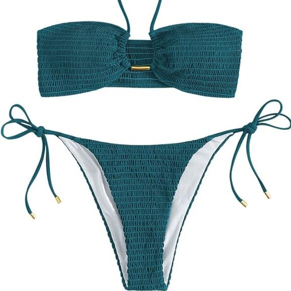 SweatyRocks Womens 2 Pc Bathing Suit Sz S Ribbed Tie Side Halter Bikini Swimsuit - Picture 1 of 11